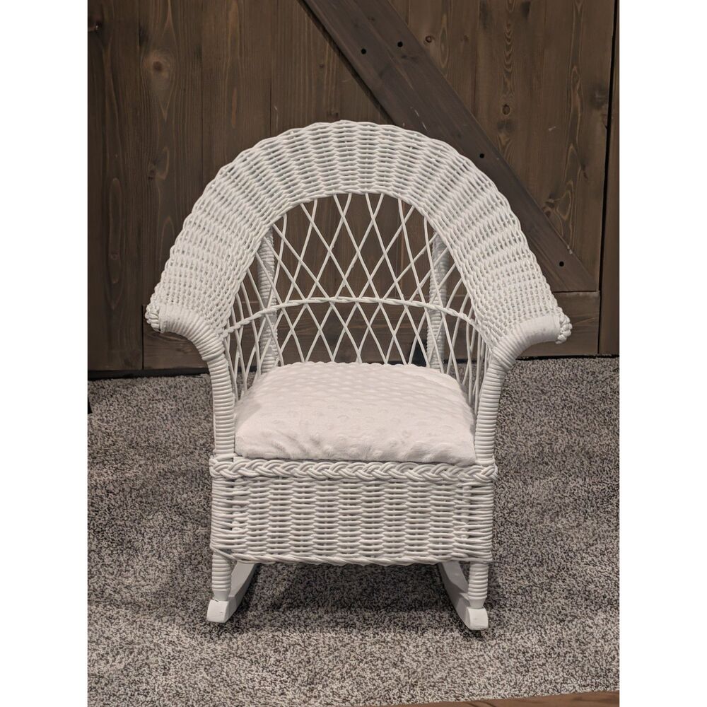 Vintage Childs White Wicker Rocking Chair Refinished Cottagecore Nursery Decor